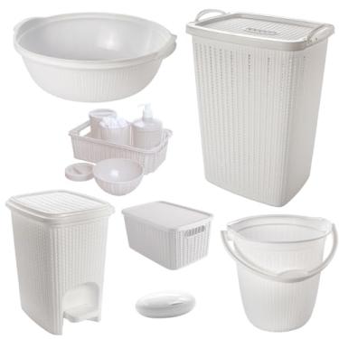 Imagem de Kit 7 Peças Cesto de roupas Bebê Trama Plasútil Bacia Balde Lixeira Kit Higiene Infantil (Branco)