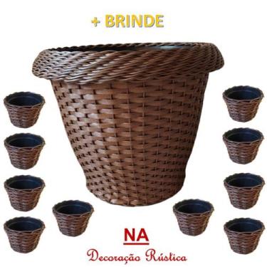 Imagem de 1 vaso de flor grande 40 cm + 10 vasinhos pequenos marrom redondo deco