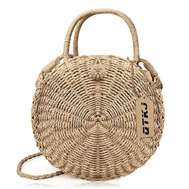 Imagem de QTKJ Mini bolsa de praia redonda de palha de vime, bolsa tiracolo feminina de palha Bali tecida à mão, bolsas de praia com alça redonda (cáqui)