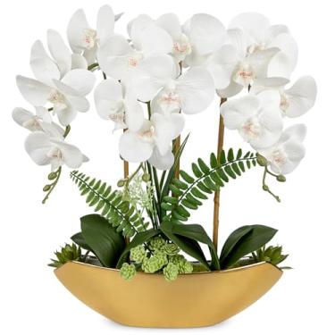 Imagem de Briful Flores falsas de orquídea 45,7 cm, flores de seda artificiais, brancas em vaso dourado, arranjo de orquídeas falsas para casa, escritório, banheiro, mesa de jantar, decoração moderna