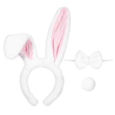 Imagem de Thinp Orelhas e cauda de coelho, faixa de cabeça de orelhas de coelho, tiara de pelúcia de pelúcia para Páscoa, cosplay, festa de Halloween, acessórios de fantasia para mulheres adultas (branco e rosa