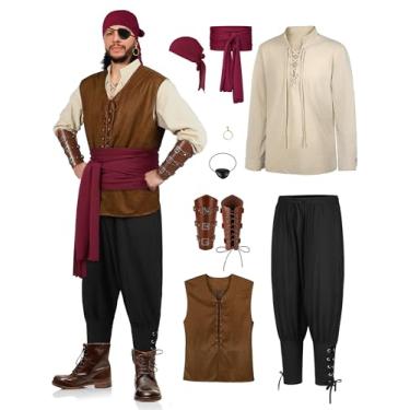 Imagem de SOMSOC Conjunto de 8 peças de fantasia medieval renascentista masculina pirata, colete viking, cinto, Bege + preto, XXG