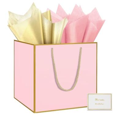 Imagem de HONTIUS Saco de presente preto extra grande de 29 cm, bolsa de presente GG quadrada rosa com papel de seda e cartão para presentes de aniversário de casamento, presentes de Natal