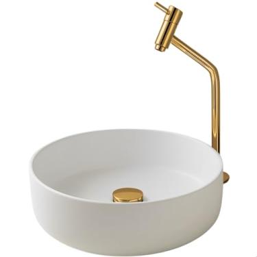 Imagem de SOFTINOX Kit Cuba de Banheiro Redonda de Sobrepor em Cerâmica com Torneira 1/4 de Volta, Válvula Click 1.1/4 e Engate 60cm (Dourada)