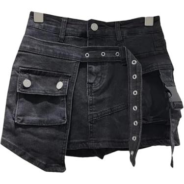 Imagem de Saia Jeans Feminina Cintura Alta Patchwork Falso 2 Pcs Cinto Assimétrico Curto Cargo Mini Saias, Black, M