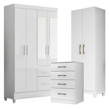 Imagem de Guarda Roupa Com Espelho Infantil Madri Com Cômoda Ms913 E Armário Multiuso New íris Branco Brilho – Moval