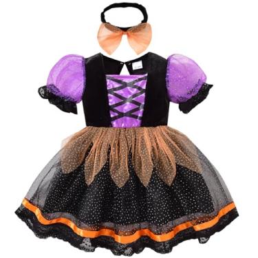 Imagem de Nicoxijia Fantasia de bruxa de Halloween para bebês recém-nascidas, manga bufante, tule, vestido de renda, saia tutu body para festa (vestido preto, 2-3 anos)