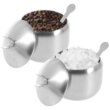 Imagem de 2 peças de açucareiro de aço inoxidável, açucareiro com tampas e colher, pote de tempero, fácil de limpar, cor dourada, frasco de tempero, armazenamento versátil, pote de tempero, recipiente