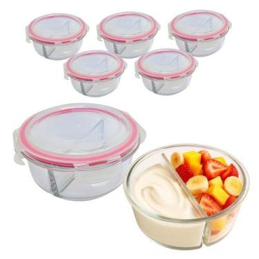 Imagem de Kit 5 Potes De Vidro 900ml 2 Divisórias Hermético Marmita Fit Com Trav