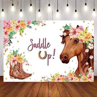 Imagem de Pano de fundo de festa de aniversário de vaqueira ocidental, sela, vaqueira, cavalo, aniversário, fotografia, fundo rosa, floral, vaqueira, festa ocidental, decoração de festa de chá de bebê, faixa