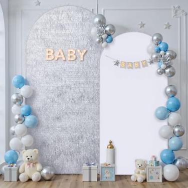 Imagem de Conjunto de 2 capas de fundo de arco prateado de 2 m 1,5 m, borlas metálicas brilhantes de 2 lados, suporte de arco de balão de elastano para suporte redondo Chiara, casamento, festa de aniversário
