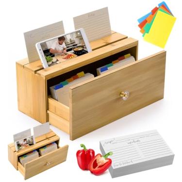 Imagem de Yalikop Caixa de receitas com 100 cartões de 10 x 15 cm e 10 divisórias, organizador de bambu com 2 compartimentos para cartão e suporte de telefone para escrever em suas próprias receitas, presente