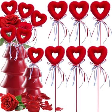 Imagem de BASEMMAHER 6 palitos de espuma de coração vermelho com glitter para o Dia dos Namorados, hastes de flores de baga inchadas brilhantes, palitos de buquê floral para decoração de mesa de vaso de festa
