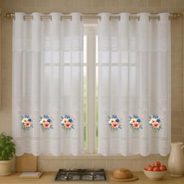 Imagem de Cortina de Renda Estampada para Cozinha com Bandô 2,50x1,20m (Floral)