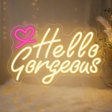 Imagem de Neonawall Hello Gorgeous Neon Sign for Wall Decor Pink Heart Light Up Letters Led Sign Birthday Party Signs Led Decorative Night Signs Room Decorations Christmas Party Gifts for Girls Friends Bedroom