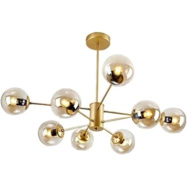 Imagem de Lustre nórdico de vidro globo lustres modernos de metal luz de teto âmbar ouro bola jantar lustre pendurado lâmpada pendente para cozinha restaurante sala de estar, 8 luzes