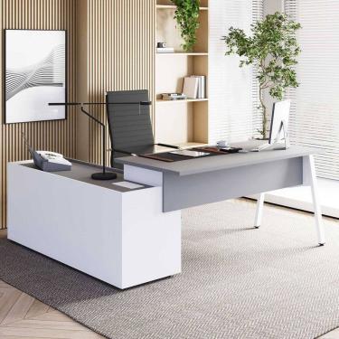 Imagem de Mesa L Diretor 180cm com Armário Lateral Tampo Chanfrado Pés em Metal Industrial Executive Cinza Sagrado/Branco