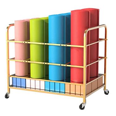 Imagem de Prateleira grande para armazenamento de tapetes de ioga para rolos de espuma / blocos de ioga, carro organizador rodante de estúdio de ginásio em casa com rodas bloqueáveis, metal (cor: Whi