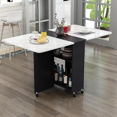 Imagem de Mesa de jantar dobrável, mesa de jantar multifuncional com 6 rodas e 2 prateleiras de armazenamento, mesa de jantar extensível para cozinha, quarto, sala de estar