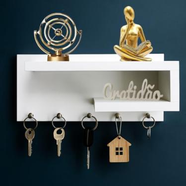 Imagem de Porta Chaves de Parede MDF Decorativo -5 Ganchos Prateleiras Suporte Organizador Branco