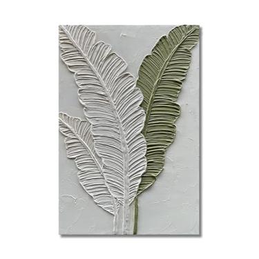 Imagem de Limiyer Arte pintada à mão com textura de folha branca e verde, arte abstrata moderna. O tamanho é de 61 x 91 cm. É adequado como decoração de parede para um escritório em casa ou como uma peça de