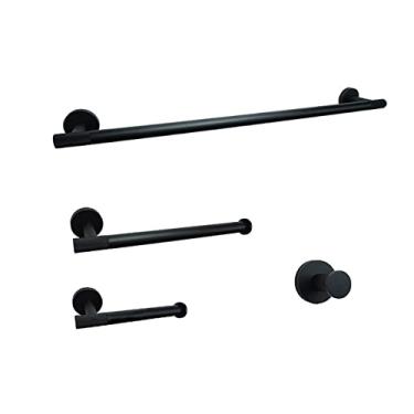 Imagem de Acessórios de banheiro toalheiro prateleira preto fosco anel de toalha suporte de parede suporte de escova de vaso sanitário gancho de casaco, 2 peças de suporte de papel (conjunto de 4 peças)
