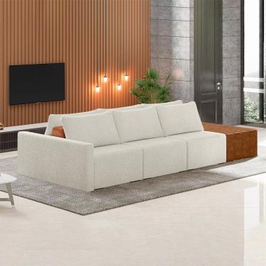 Imagem de Sofá Ilha Modulado Milos 342cm Puff Lateral OffWhite Caramelo Manchado Bouclê/PU G33 - Gran Belo
