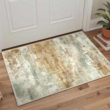 Imagem de BEIMO Tapetes 5 x 7 cm para entrada, cozinha, banheiro, lavável à máquina, moderno, abstrato, macio, tapete de piso interno com forro antiderrapante, laranja e verde