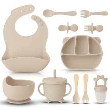 Imagem de Conjunto de 12 peças de silicone livre de BPA, placas de sucção antiderrapantes, tigelas macias, utensílios de madeira e muito mais, torna o tempo de alimentação seguro, pode ser lavado na lava-louças