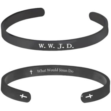 Imagem de Pingyongchang 1 pulseira WWJD de aço inoxidável para oração e punho aberto "O que Jesus faria" gravado, cruz, versículo bíblico, pulseira feminina e masculina, joia cristã religiosa inspiradora, Metal