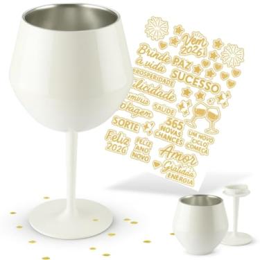 Imagem de Taça Copo Térmica 2 em 1 Inox 414ml Parede Dupla Branca com Cartela de Adesivos Haste Removível Presente Fim de Ano Aniversário Festa Bebidas Frias Cerveja Vinho Drinks Coquetél Refrigerante Suco