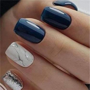 Imagem de Blue Press on Nails Kit de cola falsa quadrada curta em unhas com design de glitter para mulheres capa completa artificial curta quadrada acrílica falsa vara na unha para uso diário, casamento, 24