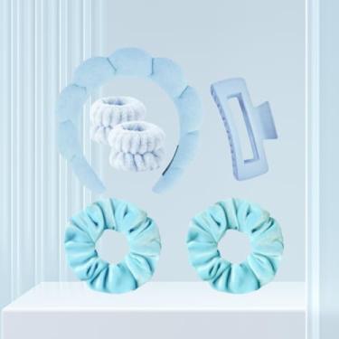 Imagem de 6 conjuntos de faixas de cabeça de spa para lavar o rosto e cuidados com a pele facial, faixas de flores, clipe de garra, faixas de maquiagem inchadas para máscara de lavagem facial, faixa de cabeça