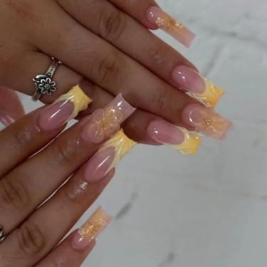 Imagem de Kit de unhas de pressão médio longo caixão francês com design de flor requintado, capa completa de acrílico artificial para mulheres, uso diário, manicure de casamento, 24 peças