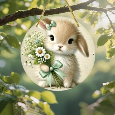 Imagem de Acrílico colorido Suncatcher, coelho segurando buquê de flores, 18 cm, decoração de parede de janela suspensa com design de vitral impresso, ideia de presente e ornamento de jardim, uso interno e