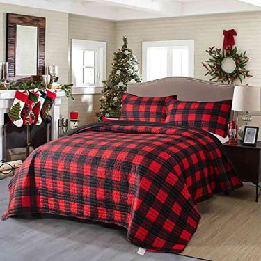 Imagem de Conjunto de colcha Merry Christmas King Size 3 peças, colcha xadrez de búfalo vermelho e preto, colchas macias e leves, conjunto de cama para presentes de ano novo moderno para casa de fazenda para
