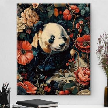Imagem de Arte de parede botânica de panda vintage emoldurada - Decoração de parede com flores escuras da Academia para quarto, sala de estar, casa, 20,3 x 25,4 cm