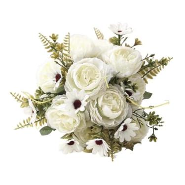 Imagem de Buquê de rosas artificiais de peônia para decoração de casa, centro de mesa, arranjos florais de plástico realistas, resistente ao desbotamento UV, decoração de festa em ambientes internos e externos