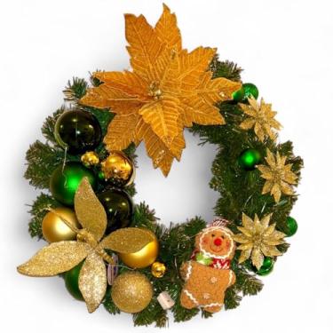 Imagem de Guirlanda Natalina de Luxo, Verde com Decorações Douradas e Verdes, Poinsétia Glitter, Bolas e Cordão LED fio de fada, 45cm - RIKABUNI