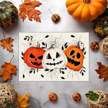 Imagem de Jogo americano de Halloween 29 x 43 cm – Design de outono com abóbora engraçada, tapete de jantar lavável resistente ao calor para cozinha, mesa de centro e decoração de festa