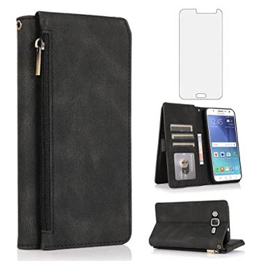 Imagem de Compatível com Samsung Galaxy J7 2015/J7 Neo/J7 Nxt/J7 Core/7J Duos Capa carteira protetora de tela e zíper retrô de couro com suporte para cartão SM J700 J700P J700T J00T1 J700M preto