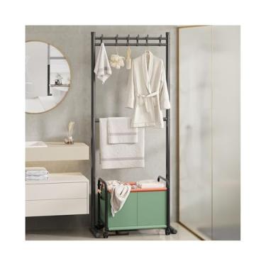 Imagem de porta-toalhas Toalheiro de dupla camada, rack armazenamento para banheiro, simples, sem perfuração, com cesto roupas sujas(Creamy White)