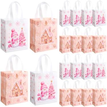 Imagem de Wovnet 30 peças de sacos de Natal a granel rosa para produtos de inverno sacos de presente com alças reutilizável não tecido sacola de compras para lembrancinhas de festa de Natal 25 x 20 x 10 cm
