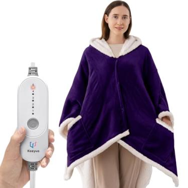 Imagem de Kozyus Cobertor aquecido vestível, poncho elétrico de xale aquecido com capuz e bolsos para mulheres e homens, 5 configurações de calor, desligamento automático 3H, lavável na máquina, certificado ETL