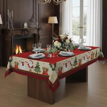 Imagem de Toalha de Mesa Natalina Retangular, Estampa Papai Noel e Presentes, Vermelho e Bege, 155x250cm, 8 Lugares, Decoração Festiva