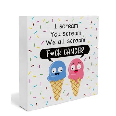 Imagem de Presentes de sobrevivente de câncer para amigas mulheres e homens, presentes de quimioterapia para pacientes mulheres, sorvete engraçado placa de madeira decoração de mesa