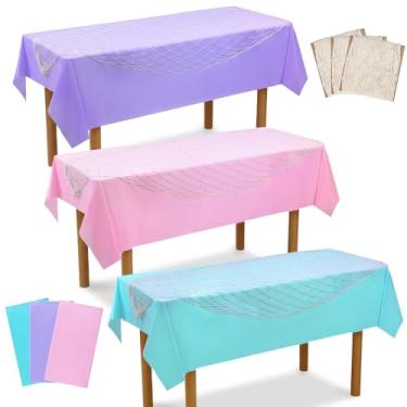 Imagem de Aiyorse Conjunto de 6 peças de rede de pesca decorativa e toalha de mesa, rede de algodão e capa de mesa de plástico descartável de 3 cores para decoração de festa temática náutica, festa de