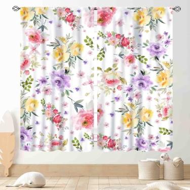 Imagem de Cortinas florais rosa, aquarela, flores silvestres, planta botânica, estética, campo, fazenda, meninas, mulheres, cortinas blackout para janela para sala de estar, quarto, cozinha, banheiro, 2 painéis