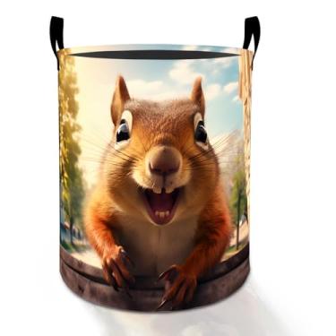 Imagem de Cesto de roupa suja de esquilo engraçado para meninos, meninas, crianças e adultos, cesto de armazenamento de roupas Oxford dobrável à prova d'água, organizador fofo de animais da floresta para quarto