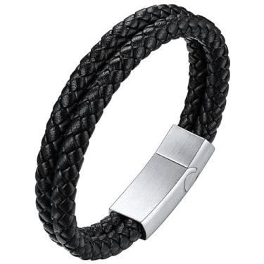 Imagem de ChainsHouse Pulseira de contas de couro masculina gravada inspiradora fecho magnético ajustável aço pulseira à prova d'água corda trançada, 19-21 cm de comprimento (com caixa de presente), Couro